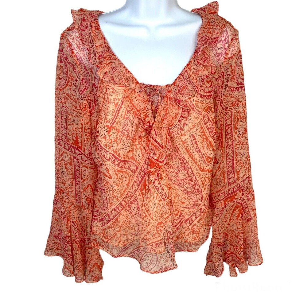 I.C.E. 2-Piece peach 90s vintage Ruffled flutter bell sleeve Top & Cami PM silk
